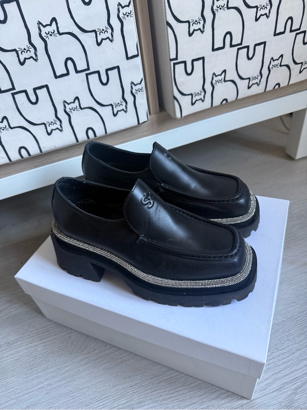 Sandro Black Platform Loafers with Rhinestone Trim